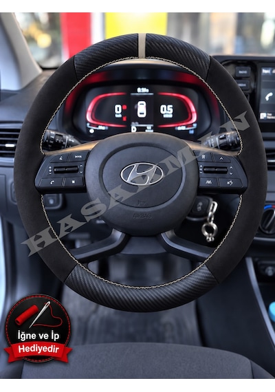 Hyundai İ20 Dikme Direksiyon Kılıfı Alcantara Süet Mat Karbon Gri Yüzük Ve Dikiş 2020-2026 Siyah