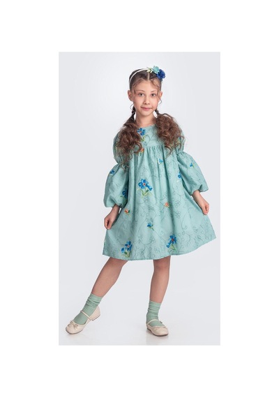 Mnk Baby & Kids Otantik Akdeniz Çiçek Nakışkız Çocuk Müslin Elbise M00706 Yeşil