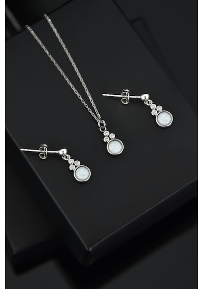 Papatya Silver 925 Ayar Gümüş Rodyum Kaplama Beyaz Opal Yuvarlak Kolye ve Çivili Küpe Set
