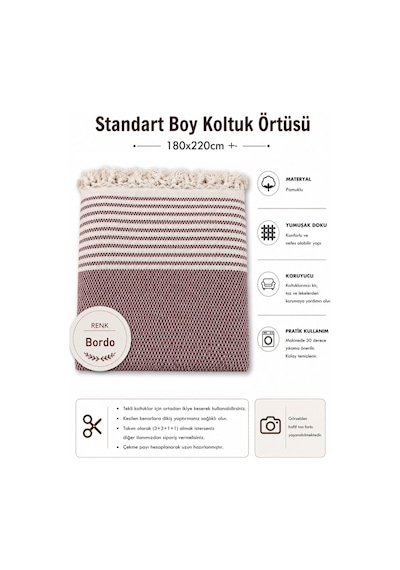 Pamuklu Kaymaz Hasır Dokuma Koltuk Örtüsü 180x220 - Bordo