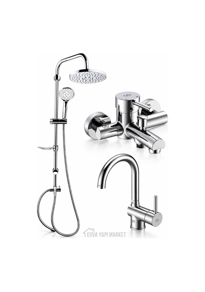 Espina Banyo Bataryası Kuğu Lavabo Bataryası Dst19-2 Yuvarlak Yağmur Duş Sistemi 3'lü Krom Set
