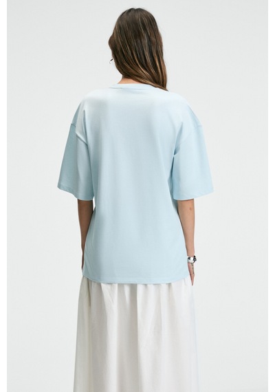 Grımelange NITZA Kadın %100 Pamuk Oversize Bisiklet Yaka Mavi T-Shirt Grımelange NITZA Kadın %100 Pamuk Oversize Bisiklet Yaka Mavi T-Shirt