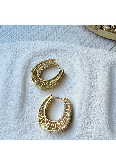 Lente Aksesuar Kadın Gold Kalın Oval Halka Küpe Antik Desenli Pırıltılı Taşlı Özel Tasarım Altın