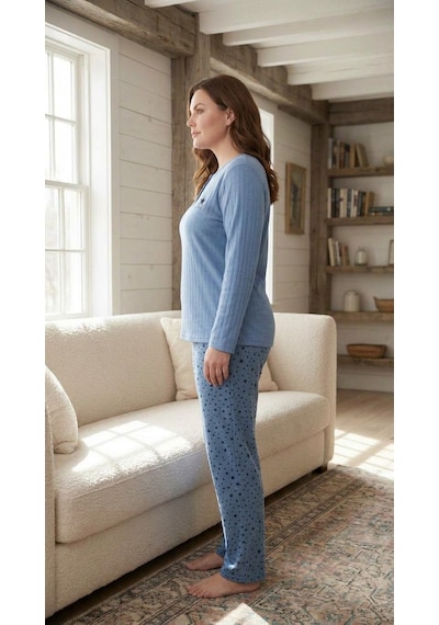 Eyfuze Kadın Büyük Beden Nakışlı Desenli Yakası Düğmeli Kışlık Uzun Kollu Pijama Takımı Koyu Mavi