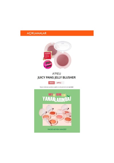 Missha A'PIEU Juicy-Pang Jelly Blusher Meyve Tonlarında Doğal Görünümlü Jel Allık RD01