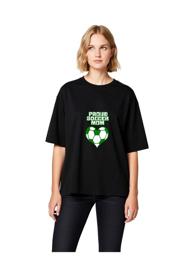 Paybuy Kadın Oversize Futbol Annesi Baskılı Kısa Kollu Tişört Kalp Motif Siyah