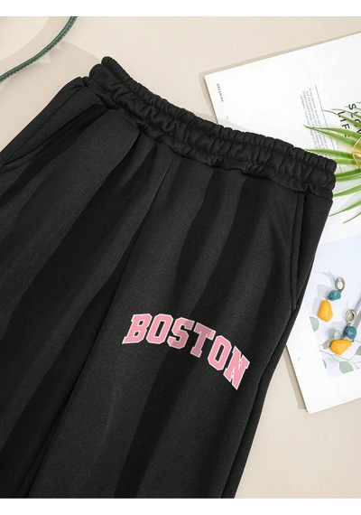 Letter Graphic Elastic Waist 4 Mevsim Eşofman Siyah