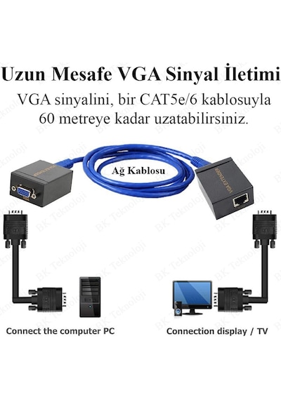 VGA Extender 60 Metre RJ45 Cat5e/Cat6 Ağ Kablosu VGA Uzatıcı