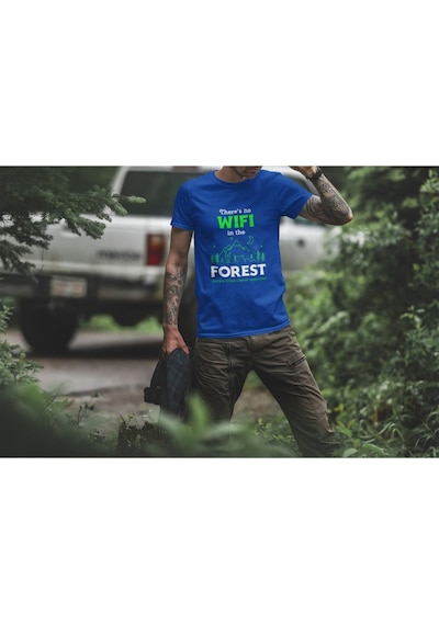 Outdoor Doğa Kamp No Wifi Tasarım Baskılı %100 Pamuk Regular Fit Mavi T-shirt Saks Mavi