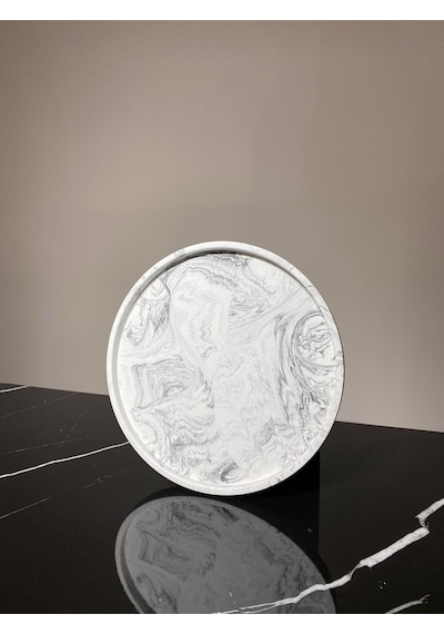 Betonmall Mermer Desenli Sunum Tepsisi Yuvarlak Sunum Tabağı Sunumluk 28 Cm - Gri Beyaz
