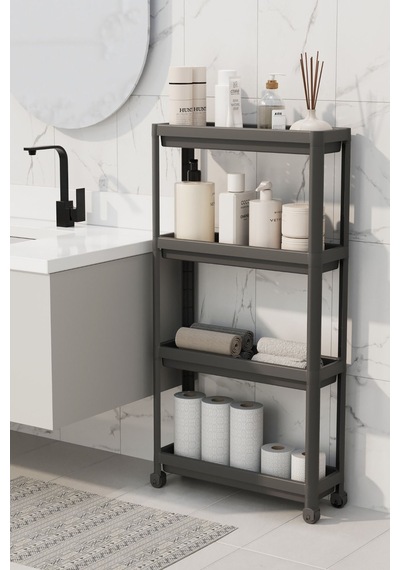 Mithra Life 4 Katlı Tekerlekli Slim İnce Siyah Banyo Mutfak Rafı Mıt1201