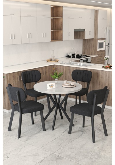 Gnr 90cm Sabit Beyaz Mutfak Masası Takımı, Yemek Masası, 4 Modern Siyah Sandalye Siyah