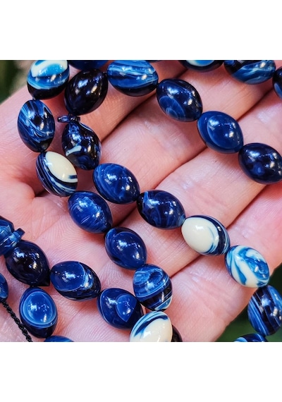 8x11 Mm Ali Agiş Usta İşçilikli Mavi Beyaz Sıkma Kehribar Tesbih - Şeffaf Delim Tespih