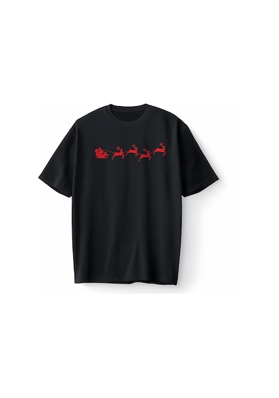 Bumeta Yılbaşı Santa Claus Geyik Silüet Noel Baba Baskılı Oversize Unisex Tişört T-shirt Siyah