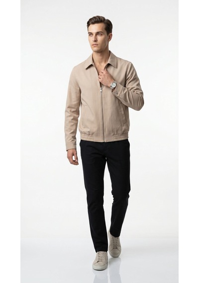 Plus Scorpion Erkek Slim Fit Bomber Fermuarlı Mont Ceket Esnek Kumaş Günlük Şık Casual Ceket Bej