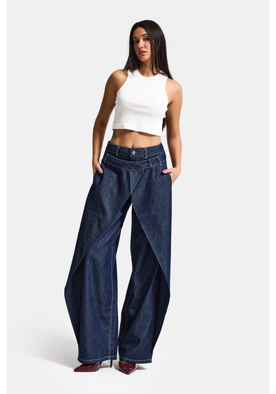 Itsbasic Kadın İndigo Bol Kesim Balon Fit Çift Pantolon Detaylı Özel Tasarım Denim Jean