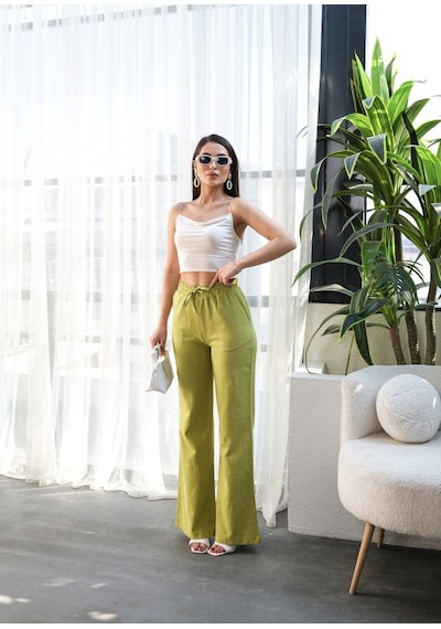 Etiler Collection Beli Lasti Kli Ve Bağcikli Keten Pantolon Yağ Yeşili
