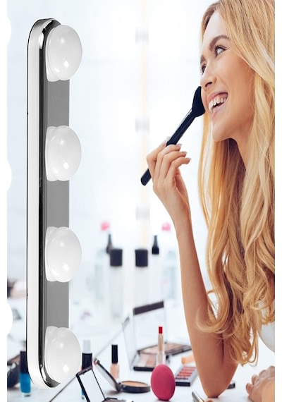 Taşınabilir Güçlü Vantuzlu & Duvar Sabitlemeli Pilli Makyaj Lambası 4 Ampüllü Led Makeup Işığı Gri