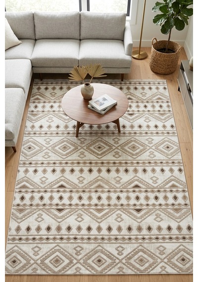 Raschel Carpet Premium Yıkanabilir Leke Tutmaz Etnik Desen Bej Özel Seri Kaymaz Taban Halı Kilim Çok Renkli