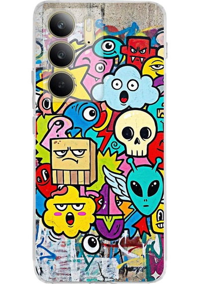 Realme C75 İle Uyumlu Grafiti Doodle Tasarımlı Şeffaf Silikon Kılıf Şeffaf