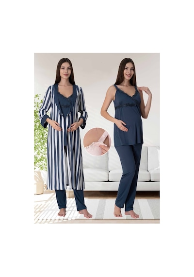 Effortt Dvina Lohusa Hamile Çizgili Sabahlıklı Askılı Pijama Takımı - Lacivert Lacivert