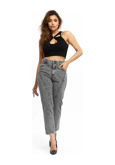 Kene Jeans Yüksek Bel Ön Conta Çımalı Mom Kot Jeans Kar Siyah