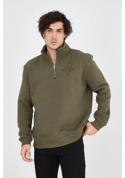 Erkek Yarım Fermuarlı Baskılı 3 İplik Pamuklu Sweatshirt - Yeşil