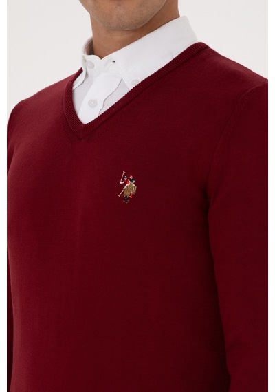 U.S. Polo Assn. Erkek Slim Fit V Yaka Bordo Basic Kazak 50307778-VR014