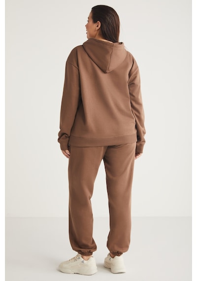 ETHIQUET TEREZABB Kadın Içi Polarlı Yumuşacık Comfort Fit Kapüşonlu Kanguru Cep Kahverengi Büyük Beden Sweatshirt