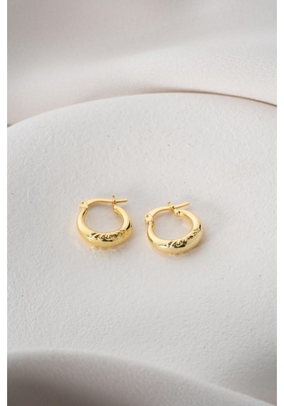 925 Ayar Gümüş Gold Rengi Minik Çizgili 15 Mm Şarnel Küpe Gold