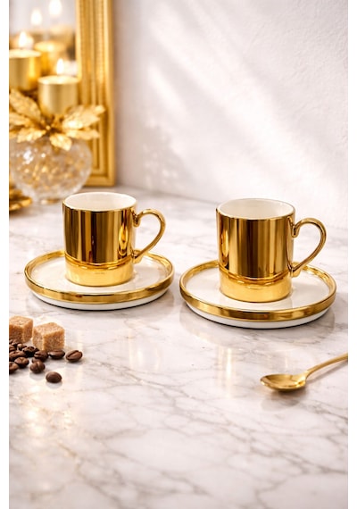 2 Kişilik Porselen Gold Platin Kaplama Kahve Fincan Takımı Seti 100ml Altın