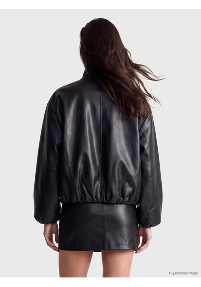 Lcwaıkıkı Classic Siyah Oversize Kadın Bomber Deri Görünümlü Ceket