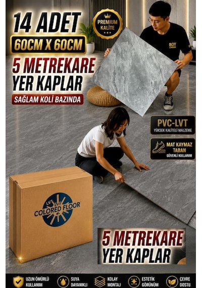 14 Adet 60x60cm Gri Mermer Desenli Floor Pvc-lvt Yapışkanlı Yer Kaplama Parkesi Kauçuklu 617
