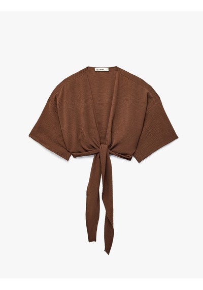 Koton Kısa Kollu Kruvaze Yaka Bağlamalı Crop Oversize Kimono Kahverengi 6sal50004ıw Kahve