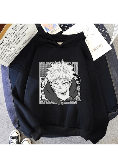 Anime Jujutsu Kaisen Itadori Sukuna Kapşonlu Sweatshirt Siyah