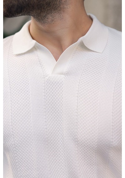 Madmext Beyaz Regular Fit Polo Yaka Triko Erkek Kazak E7509