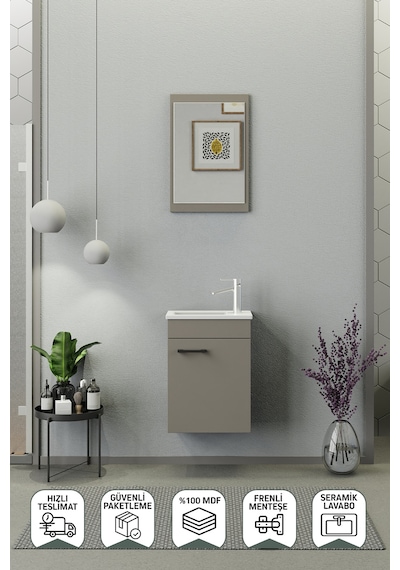 Biani Fix Arya Mini 42 Cm Banyo Dolabı,Seramik Lavabolu, Aynalı,Lavabo Dahil,Mdf,Latte Biani Fix Arya Mini 42 Cm Banyo Dolabı,Seramik Lavabolu, Aynalı,Lavabo Dahil,Mdf,Latte