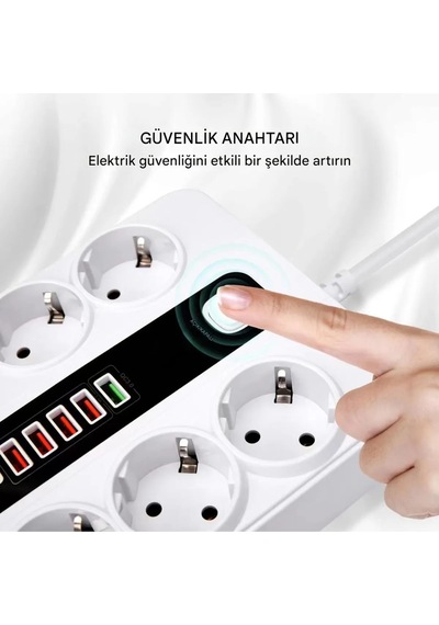 6'lı Grup Priz 4xusb 2xtype-c Çıkışlı Isıya Dayanıklı Power Tuşlu 2 Mt Kablolu Priz Çoğaltıcı 2 M