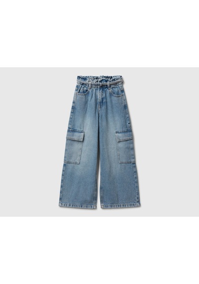Mayoral Benetton Kız Çocuk Koyu Mavi Beli Bağlamalı Kargo Stili Wide Fit Denim Pantolon Açık Mavi