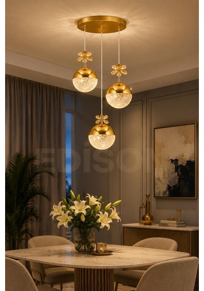 3'lü Gold Kristal Sarkıt Avize, Led Modern Salon Yemek Masası Mutfak Dekoratif Avize, 20 X 25 Cm Diğer