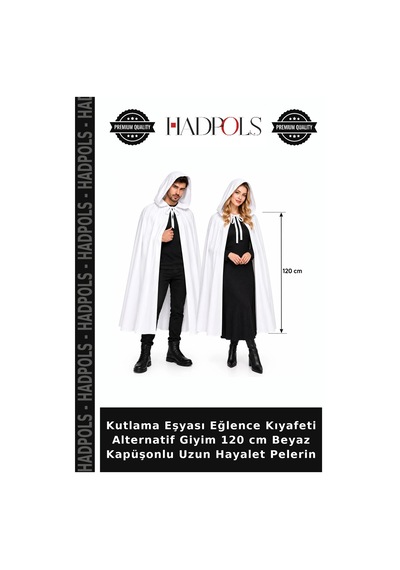 Kutlama Eşyası Eğlence Kıyafeti Alternatif Giyim 120 Cm Beyaz Kapüşonlu Uzun Hayalet Pelerin