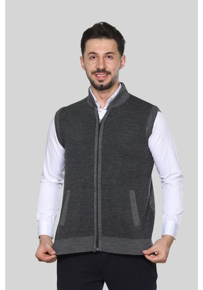 Kzc Tekstil Erkek Orta Yaş Ve Üzeri Triko Örgü Akrilik Kışlık Kalın Dokulu Fermuarlı Baba Yelek Gri