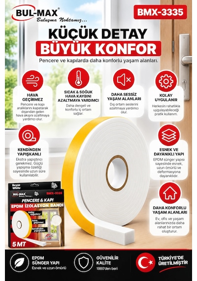 Pencere Kapı İzolasyon Bandı 5 Metre 15x5 Mm Beyaz Hava Sızdırmazlık Bandı Bul-max Epdm