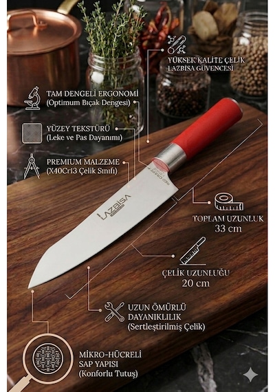 Lazbisa MFT-005 Red Craft Serisi Mutfak Şef Bıçak Seti Et Ekmek Sebze Bıçağı Günlük Kullanım Kırmızı