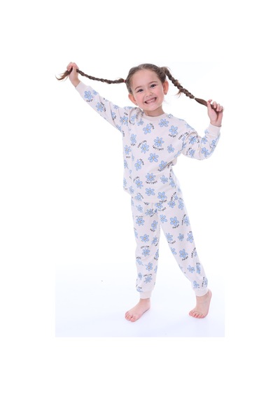 %100 Pamuk Çiçek Desenli Uzun Kollu Kız Çocuk Pijama Takımı 3,4,5,6,7,8 Yaş Mavi