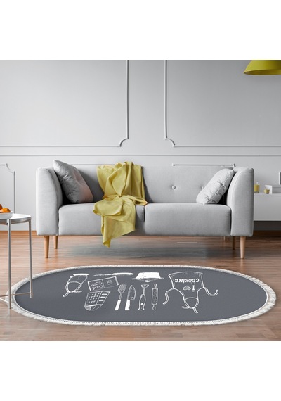 Dijital Kaymaz Yıkanabilir Banyo Mutfak Salon Paspas Halısı Trend Saçaklı Oval Al4032 Mavi