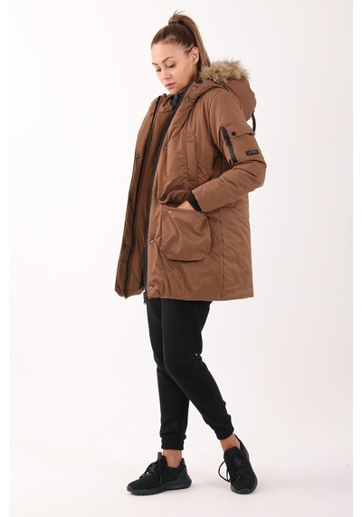 Maraton Sportswear Regular Kadın Kapşonlu Uzun Kol Basic Taba Parka 21418 Taba
