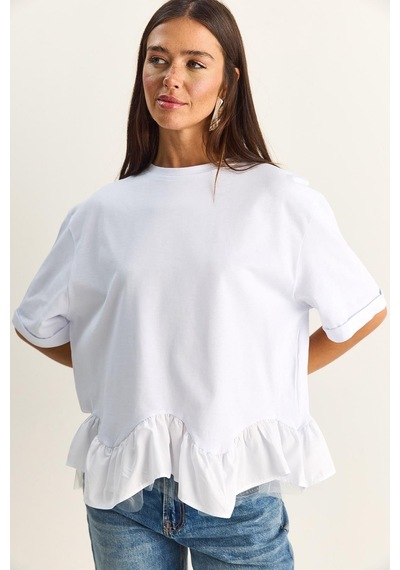 Shade Kadın Tül Detaylı Volanlı Oversize Basic T-shirt 8789 60286165 - Beyaz