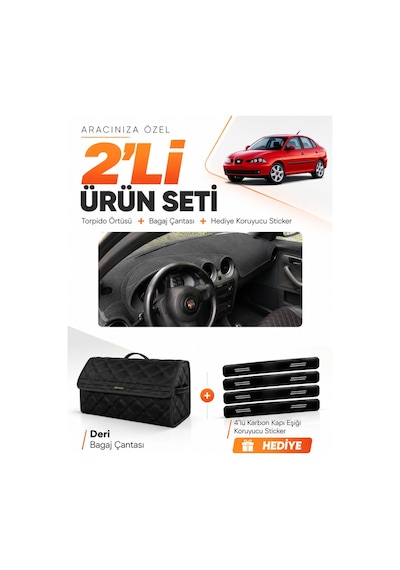 Seat Cordoba 2001-2008 Uyumlu Torpido Örtüsü + Deri Bagaj Çantası + Sticker Seti - Siyah