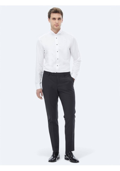 Kip Beyaz Düz Slim Fit Duble Manşet Smokin Gömlek